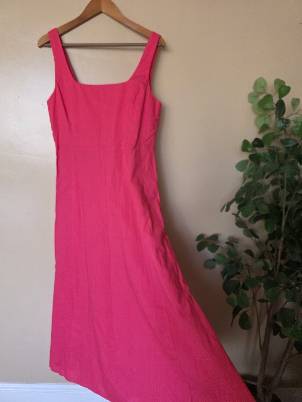 GAP Vibrant Raspberry Linen Blend Squareneck Midi Dress L Feminine Euro Summer